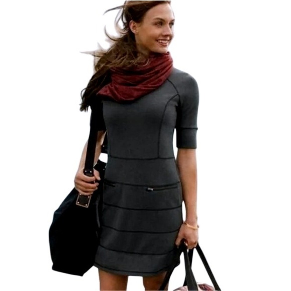 $59 EUC ATHLETA Black‎ Strata Stretch Ponte active mini dress M zipper fitness